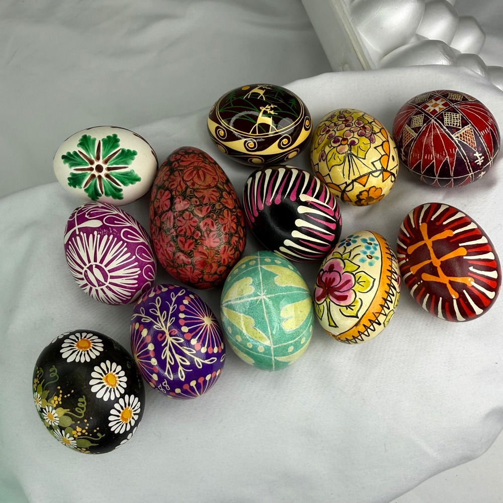 12 Vintage Hand Painted Pysanky Style Easter Eggs Folk Art Wood Shell Signed